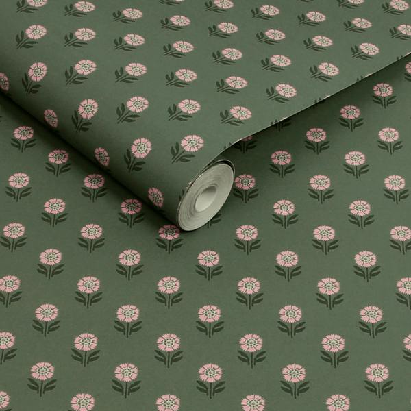 Joules Wood Block Floral Pink/Green Wallpaper