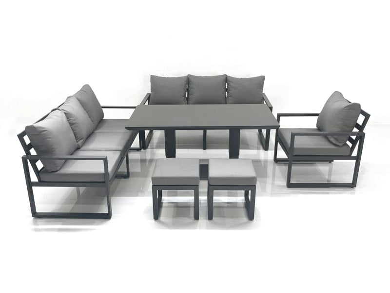 Fimous Outdoor Garden Furniture Set Aluminium Lounge Sofa Adjustable Rising Lifting Dining Table Sets with 2 Small Footstools Dark Grey