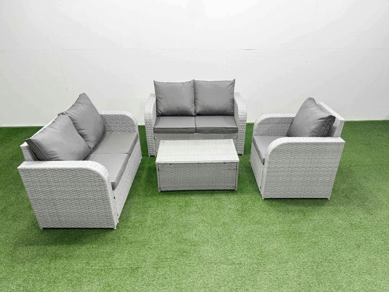 Fimous High Back Poly Rattan Garden Furniture Set with Reclining Chair Loveseat Sofa Rectangular Coffee Table Indoor Outdoor Patio  Set Light Grey