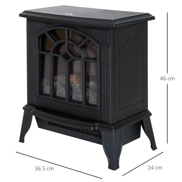 Black freestanding electric fireplace with LED flame effect, front glass and side panels.