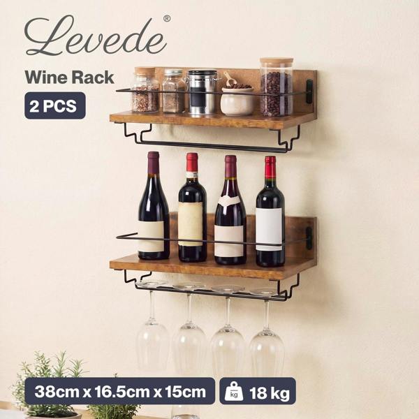 Levede Wall Wine Rack With Glass Holder Floating Wine Shelf Home Bar Storage 2PC