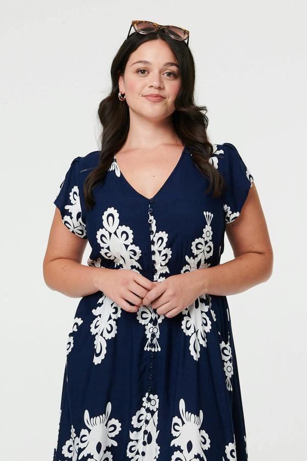 Navy | Curve Printed Cap Sleeve Midi Dress
