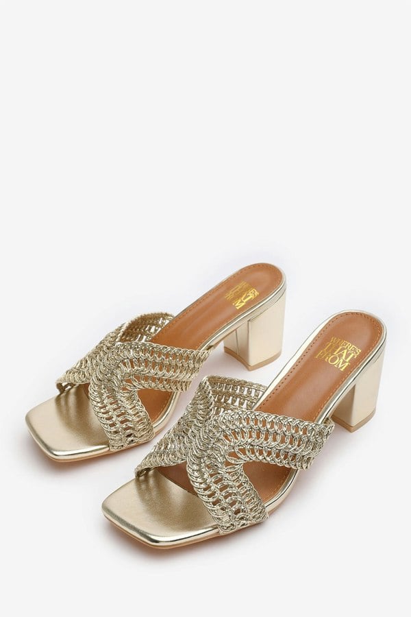 Where's That From Summer Woven Strap Block Heel Slides in Gold Metallic Faux Leather