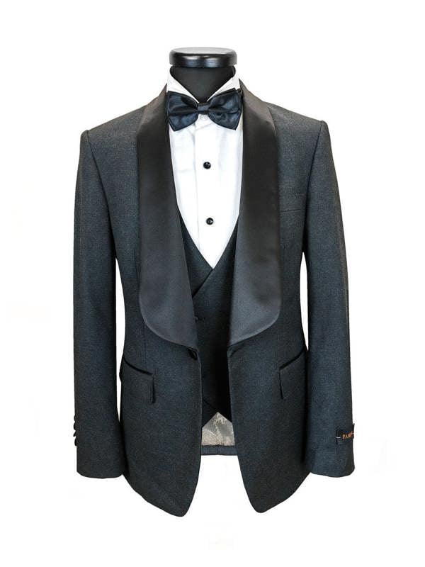 Men’s Slim Fit Wool-Blend Tuxedo with Satin Shawl Lapels – Charcoal