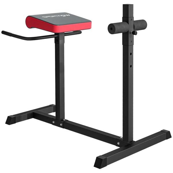 Black hyperextension bench with red padded backrest and adjustable leg roller frame
