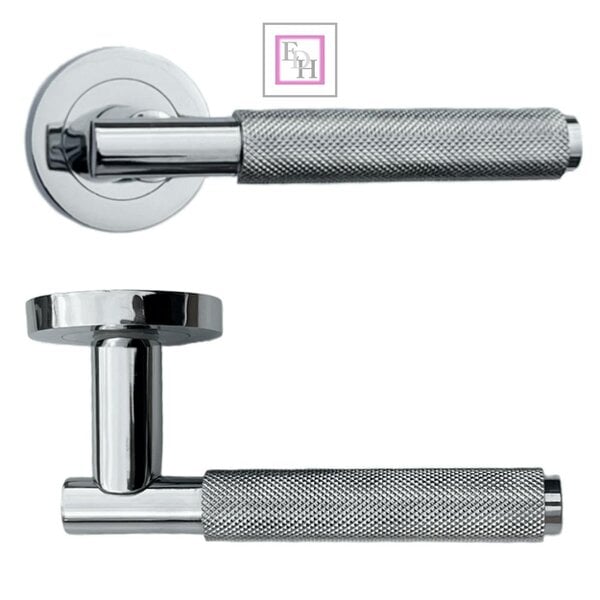 EDH Door Hardware Polished Chrome Knurled Door Handles on Round Rose – Handle Sets