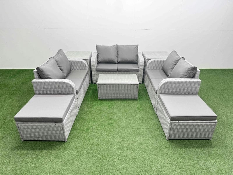 Fimous  8 Seater PE Wicker Rattan Furniture Sofa Sets with Rectangular Coffee Table 2 Seater Love Sofa 2 Big Footstool 2 Side Table Light Grey