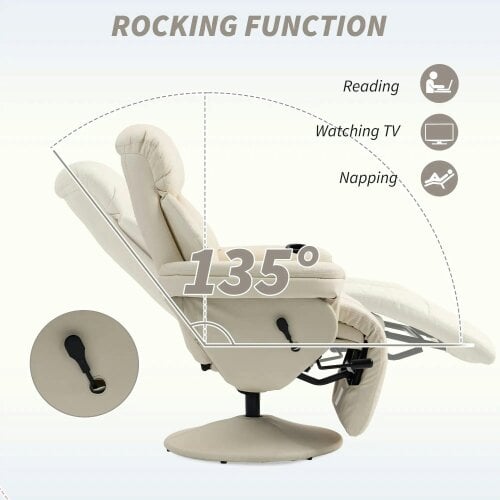 Bobobiy Manual Recliner Chair with Footrest, PU Leather Swivel Chair, Cream White