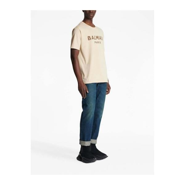 Balmain Logo Print Ivory Brown T-Shirt   in  Light Natural