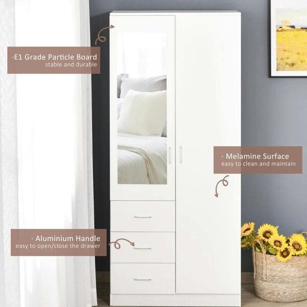 Bobobiy 2 Door 3 Drawer Mirrored Wardrobe with Hanging Rail, Modern Clothes Storage Cupboard with Mirror, 80 x 50 x 180 cm, White
