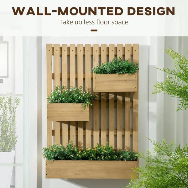 Wall-mounted wooden planter with three tiers and green plants in rectangular boxes