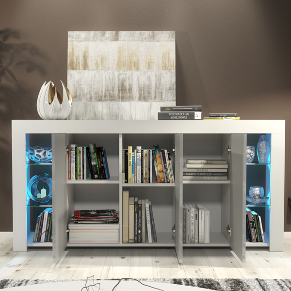Mex Furniture Exclusive 164cm Cabinet Cupboard Sideboard TV Unit High Gloss Grey Doors & Free LED