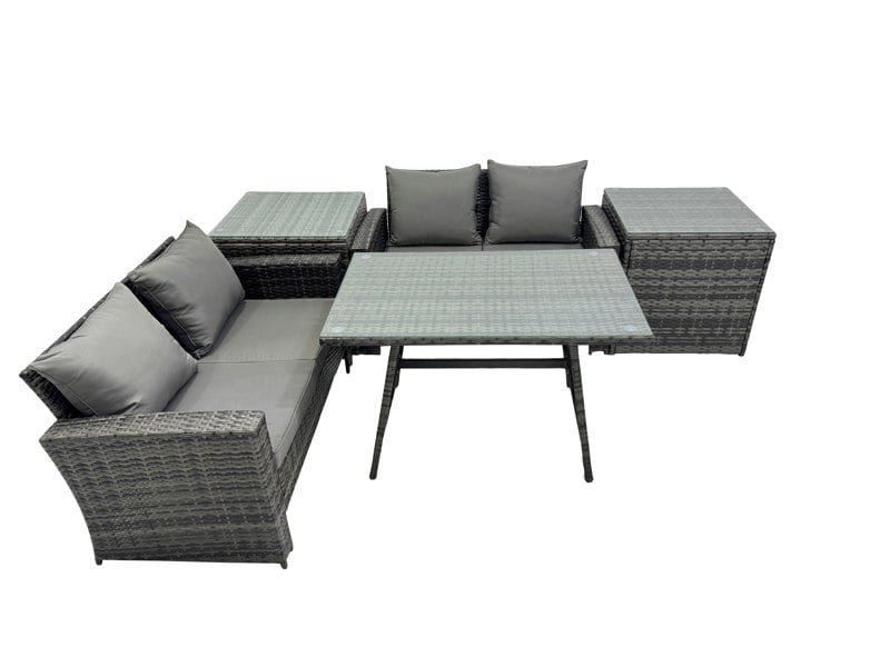 Fimous 4 Seater Wicker PE Rattan Furniture Outdoor Dining Table Double Seat Sofa 2 Side Table Sets Dark Grey Mixed