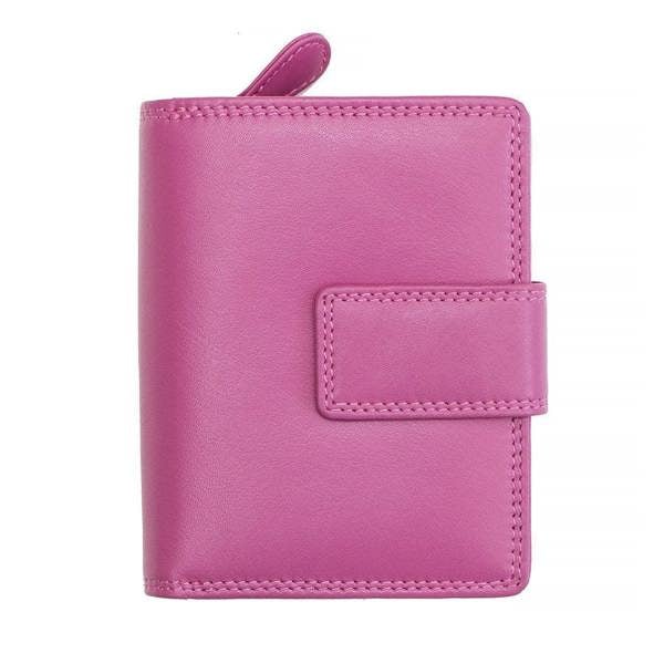 Soft fuschsia leather trifold purse with secure tab fastening – front view