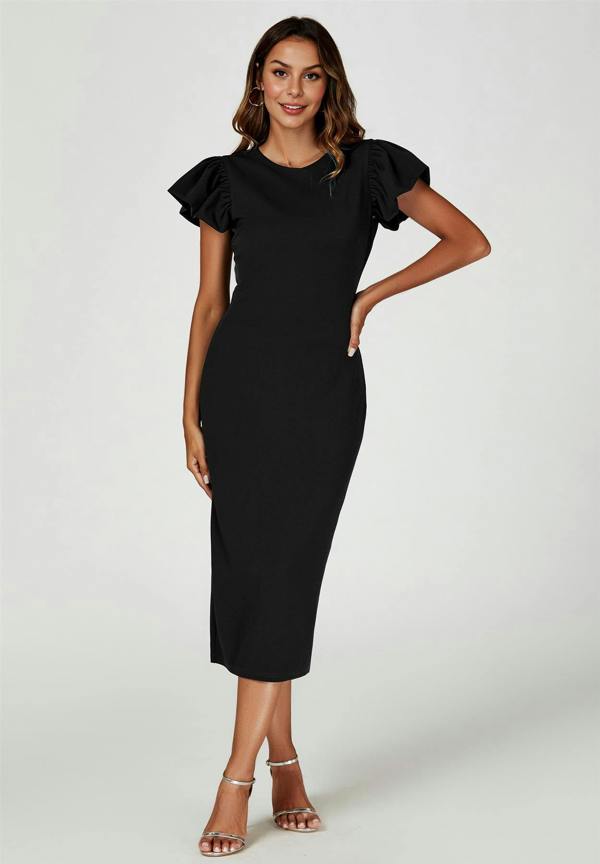 FS Collection Volume Sleeve Bodycon Midi Dress In Black