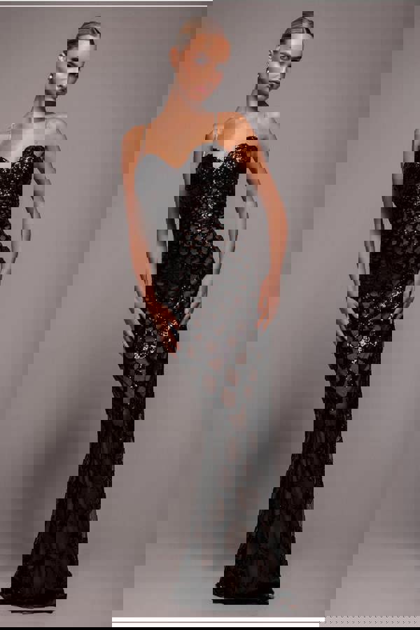 Diamante Strap Fish Scale Sequin Maxi Dress - Black DR4276