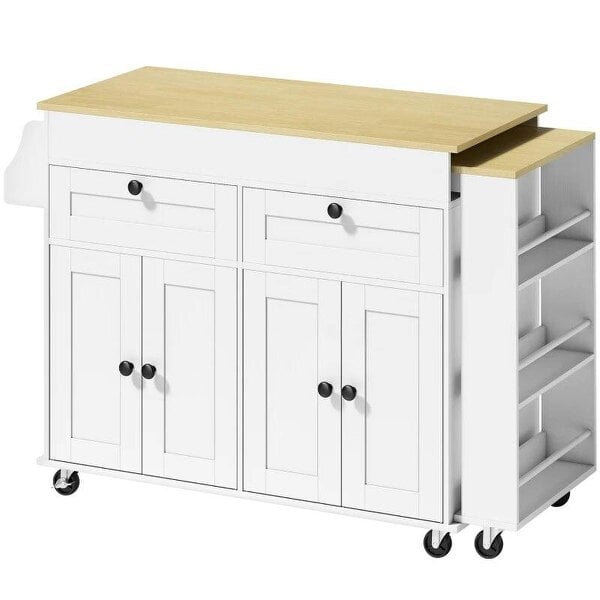 Rolling Kitchen with Expandable Top, Kitchen Island on Wheels with USB Ports & Power Outlets, Storage, White