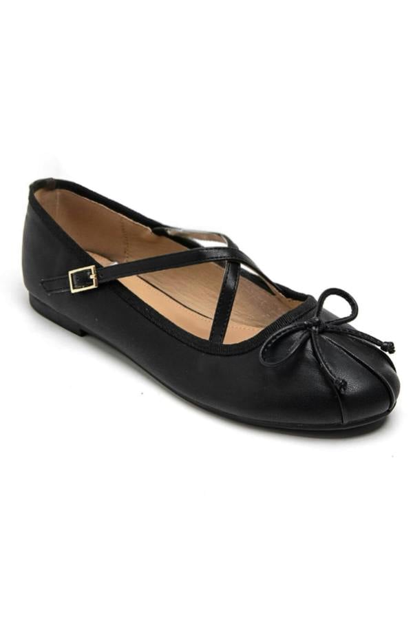 Love Lemonade Chic Bow Crisscross Strap Ballet Flats Black