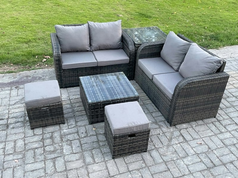 Fimous Rattan Sofa Set Outdoor Garden Furniture Set with Square Coffee Table Loveseat Sofa 2 Small Footstool Side Table Dark Grey Mixed