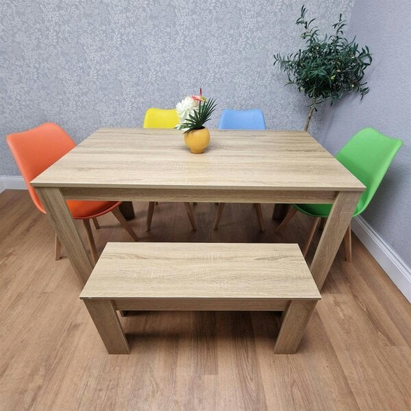 Kosy Koala Oak Effect Dining Table Set With 4 Mix Plastic Chairs And Bench Dining Room Furniture