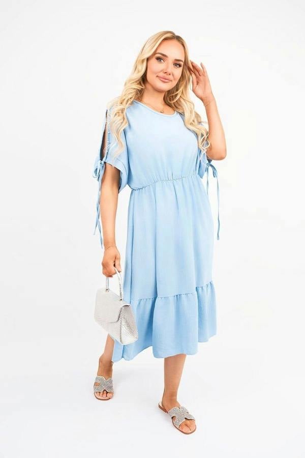 Fianna Round Neck Short Sleeve Midi Dress With Tie Sleeve Detail - Sky Blue