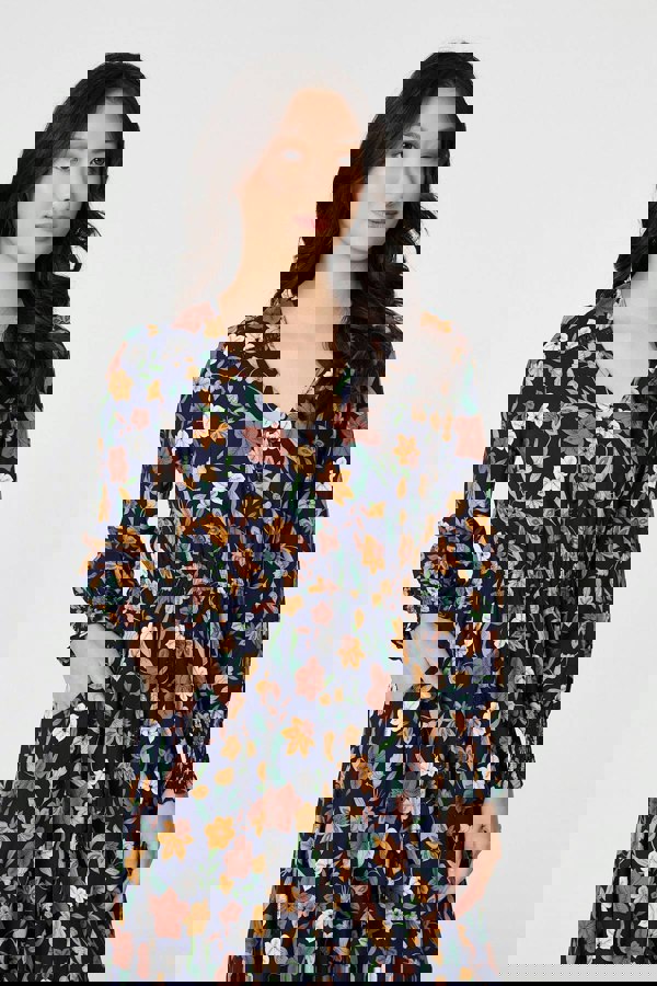 Navy | Floral Border Print Smocked Maxi Dress
