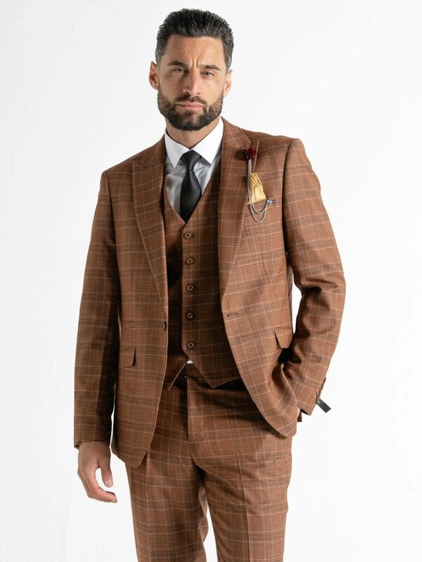 V2 Classic Kensignton Three Piece Suit - Bronze with Light Brown and Blue Checks