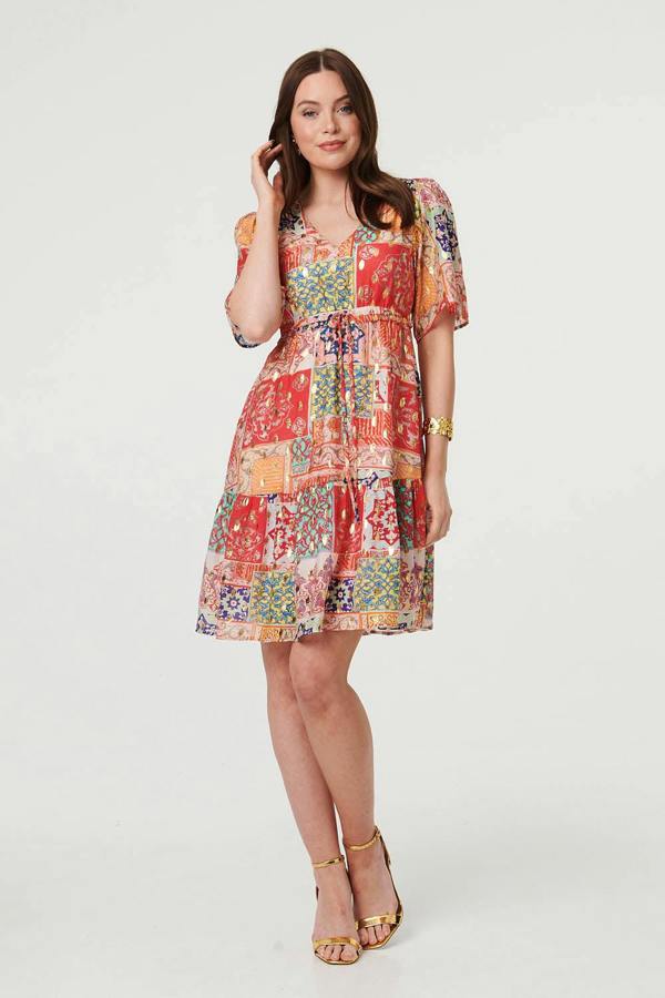 Red | Patchwork 1/2 Sleeve Knee Length Dress
