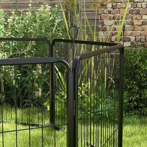Black steel 8-panel dog playpen enclosure with curved corner bars and open interior.