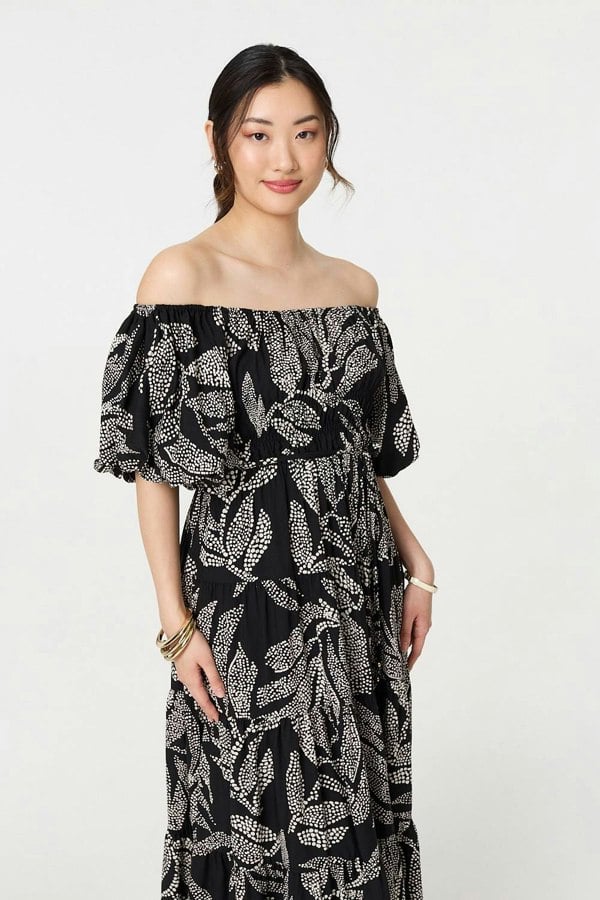 Black | Leaf Print Puff 1/2 Sleeve Midi Dress
