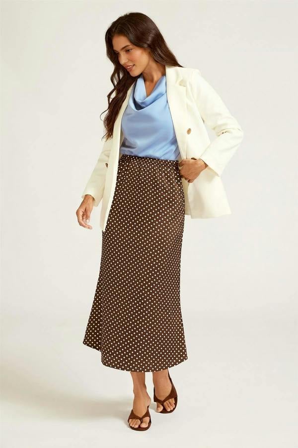 FS Collection Polka Dot Print Satin Midi Skirt In Brown