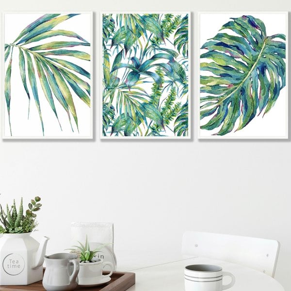 Artze Wall Art Blue Green Botanical Set of 3 Framed Wall Art Prints