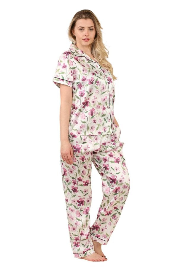 Luxury Floral Satin Pajama Set for Women - Short Sleeve Button-Up Top and Long Pants With pockets