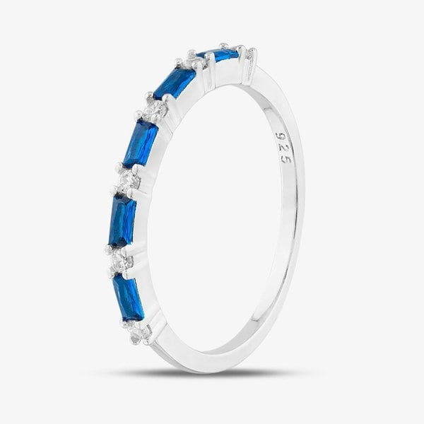 T. H. Baker Sterling Silver Blue Baguette & Brilliant Cut Cubic Zirconia Half Eternity Ring S22057