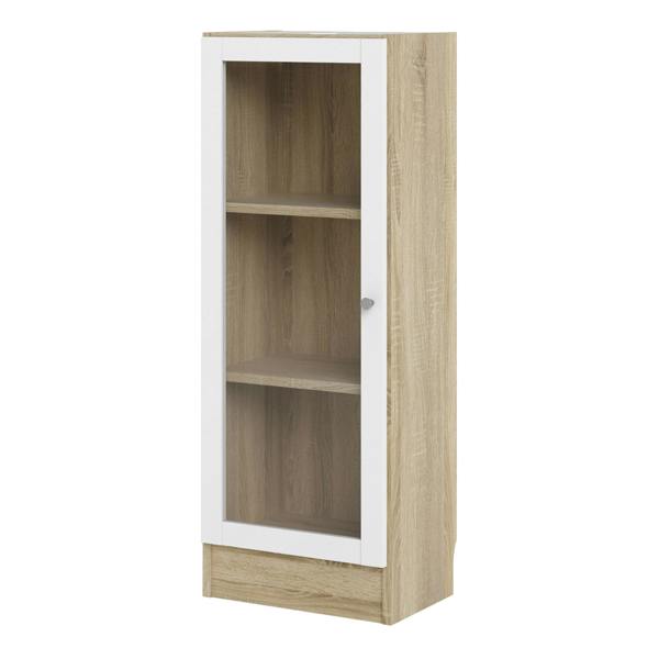 Furniture To Go Basic Low Narrow Display Cabinet In Oak (2 Shelves) with Glass White Door