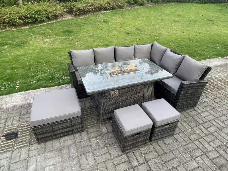 Fimous 9 Seater?Outdoor High Back Rattan Gas Fire Pit Corner Sofa Set Garden Furniture Heater Dining Table Set Footstools Dark Grey Mixed Right Hand