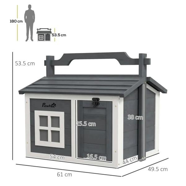Grey rabbit hutch with open roof and side door; measurements shown on image