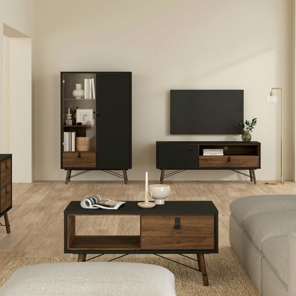 Furniture To Go Ry TV Unit 1 Door 1 Drawer in Matt Black Walnut