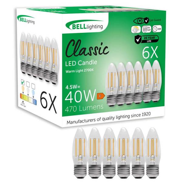 BELL Lighting E27 Screw Dimmable LED Filament Candle 4.5W Light Bulbs