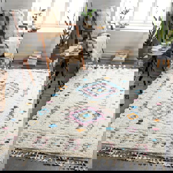 Livabliss Lofty-Shaggy Ivory Pink Blue Vintage Boho Plush Soft Pile Fringe Rug