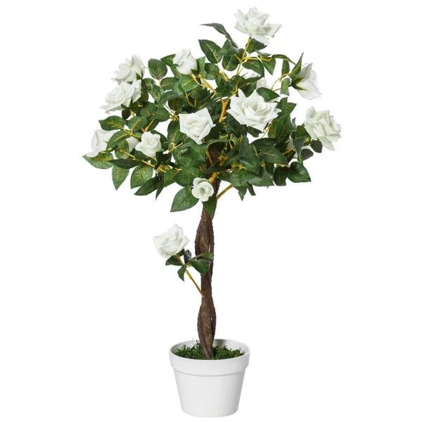 Artificial white rose floral plant in white pot with green leaves and brown trunk