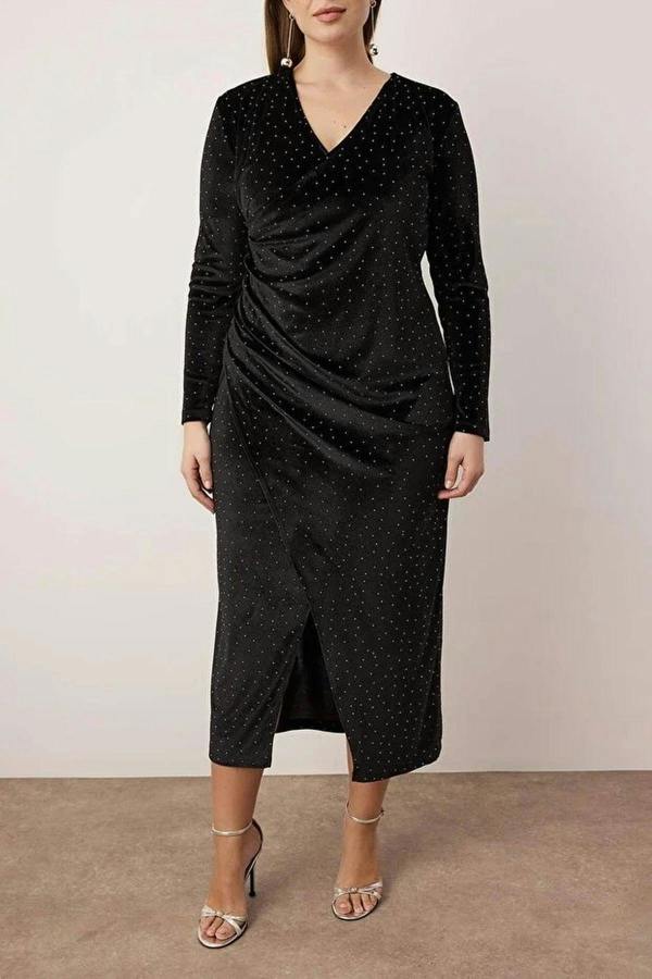 WOVCOR V-Neck Midi Embellished Velvet Knit Plus Size Dress