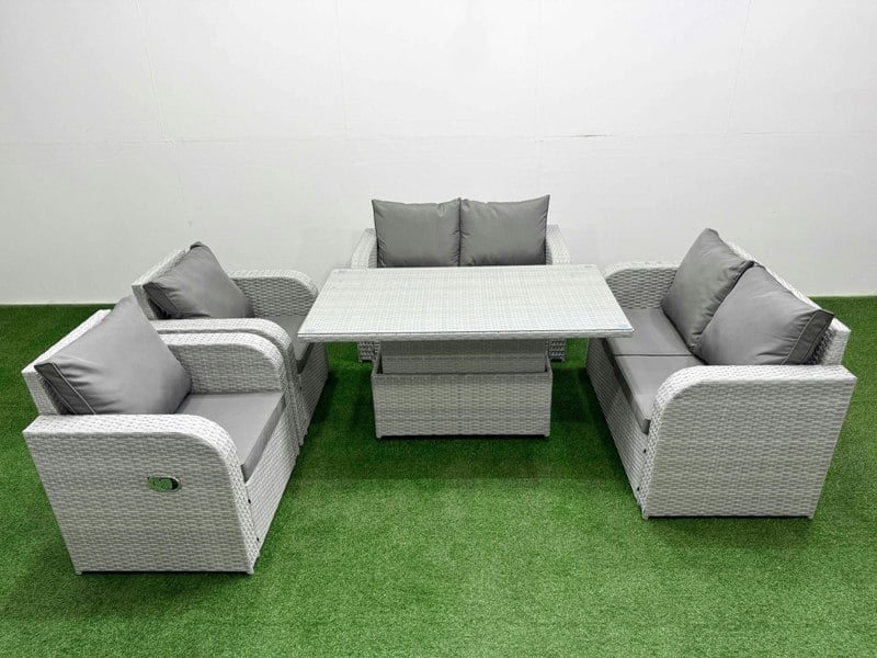 Fimous 6 Seater Outdoor Reclining Chair Love Sofa Set Rattan Garden Furniture Set with Adjustable Lifting Dining or Coffee Table Light Grey