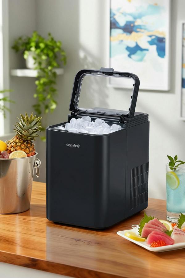 Living and Home Self-Cleaning Ice Maker Machine with 1.3L Water Tank, Ice Scoop & Detachable Basket