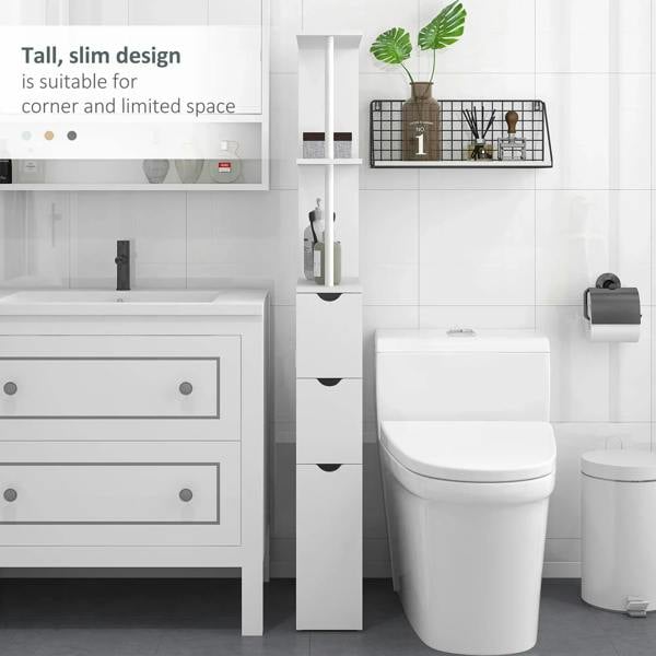 White tall slim bathroom storage cabinet with open shelves and three drawers near a vanity.