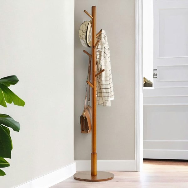 Rafaelo Mobilia Adjustable Wooden 8 Hook Coat Stand With Round Base