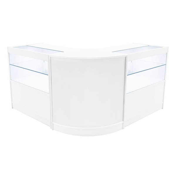 White Selene LED shop counter set with two glass display cases, featuring a sleek, modern design and illuminated shelves