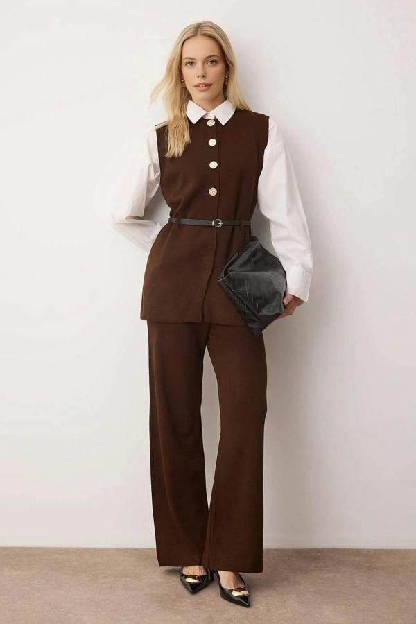 WOVCOR 2-Piece Gold Button & Leather Belt Detail Knit Top and Bottom Set
