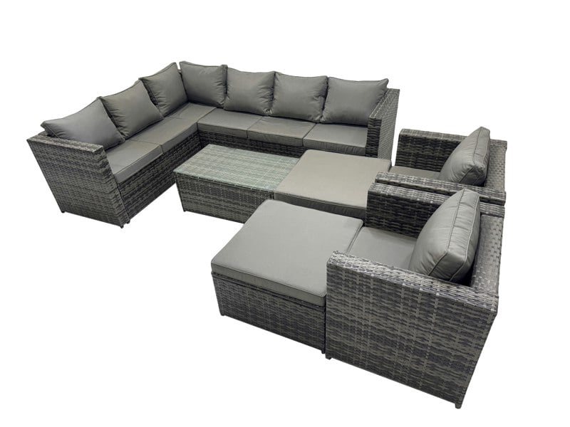 Fimous Outdoor Rattan Rectangular Coffee Table Corner Sofa Sets Garden Furniture Set with 2 Chairs 2 Big Stools Dark Grey Mixed
