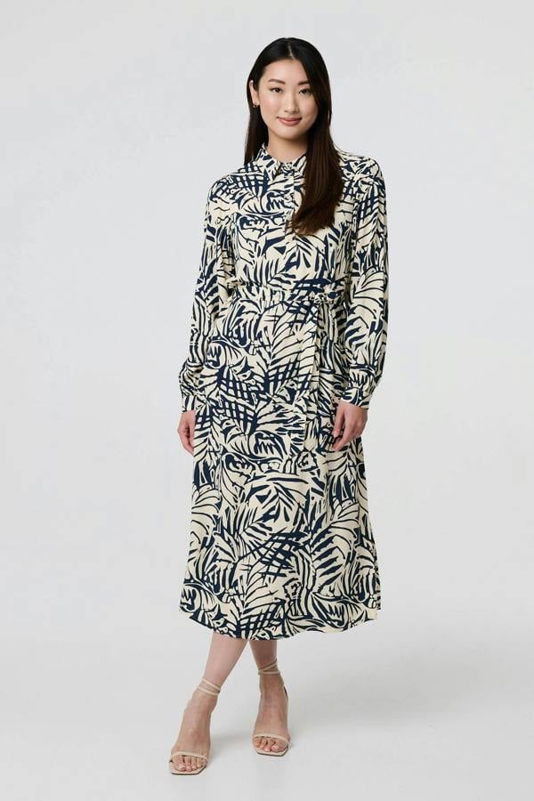 Navy | Printed Tie Waist Midi Shirt Dress
